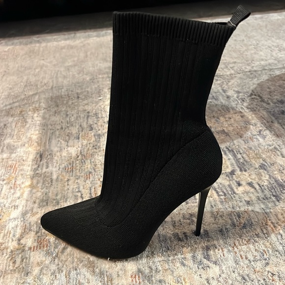 Black Pointed-Toe Mid Calf Sock Boots - Picture 1 of 8